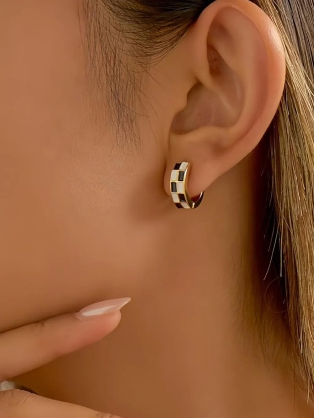 Anthropologie Gold Hoop Earrings with Black and White Check Inlay